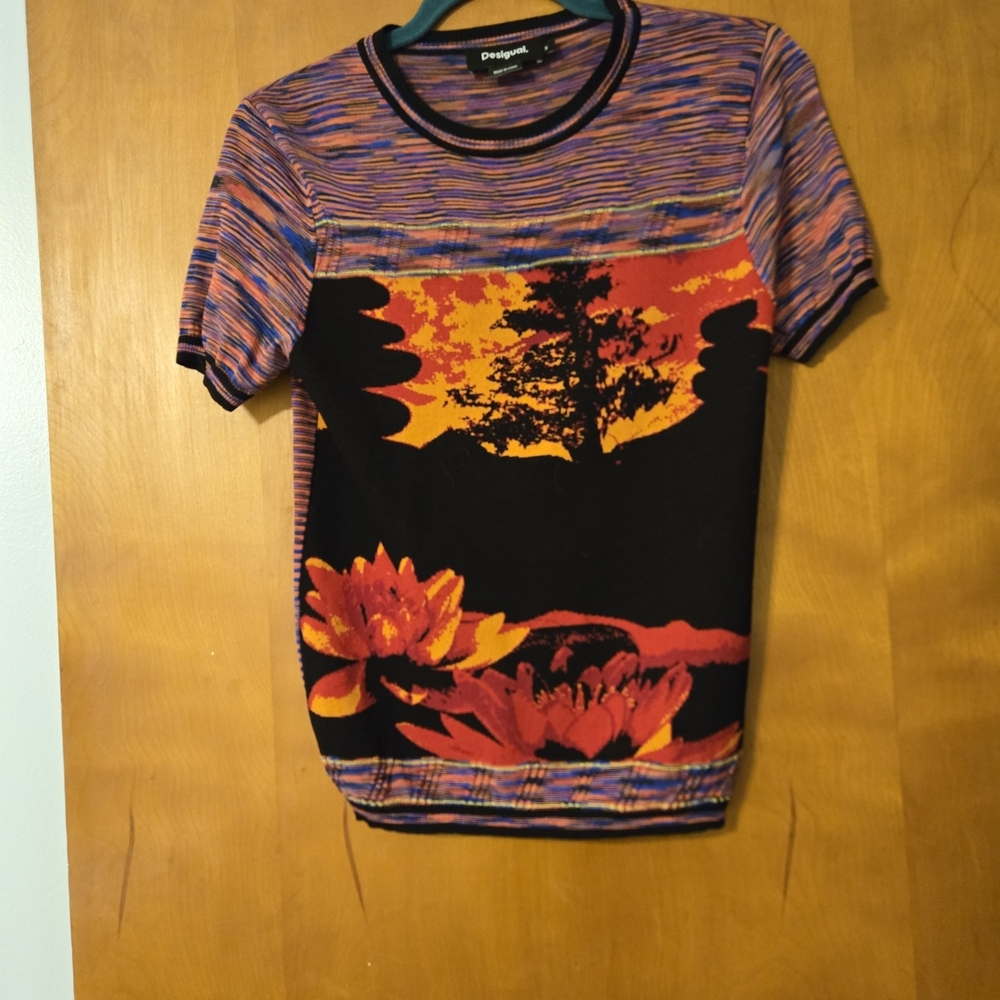Desigual Knit Landscape Multi Colored Short Sleeve T-Shirt Size S